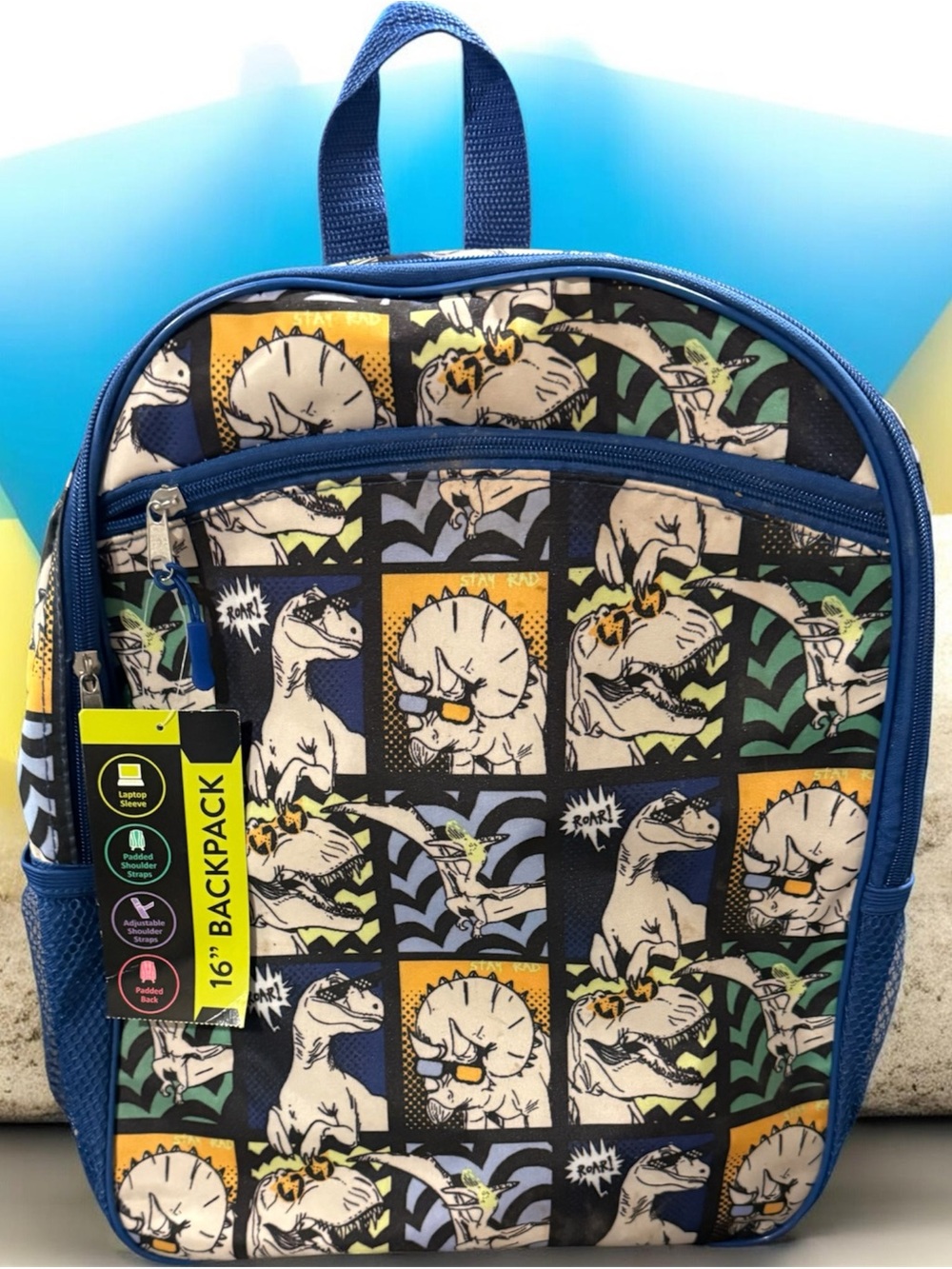 wonder nation Kids Dinosaur Comic Panel Blue Navy Backpack
